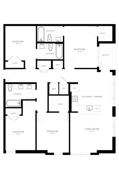 Floor plan for 4 beds, 3 baths, 1345 sqft